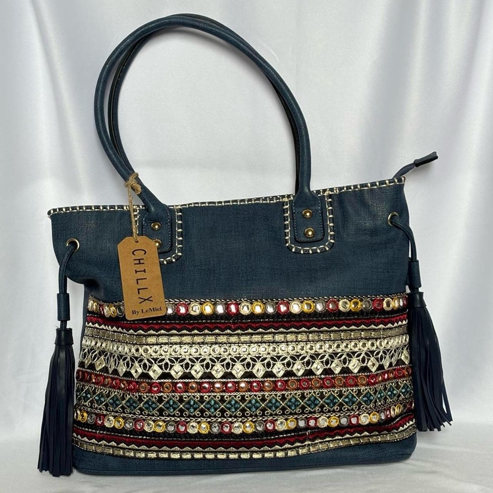 Navy Blue Embroidered Tote Bag - Picture 1 of 5